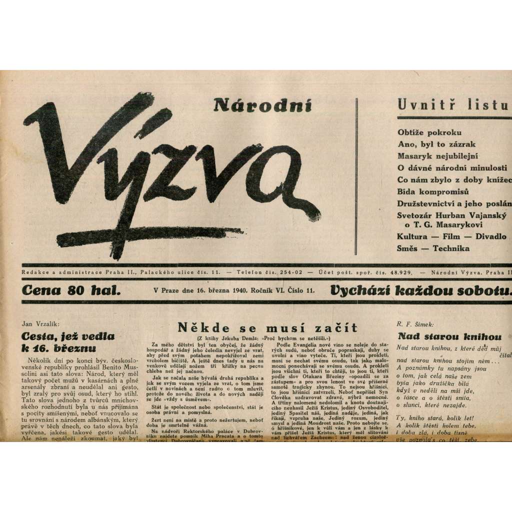 Národní výzva 16.3.1940 (protektorát, noviny)