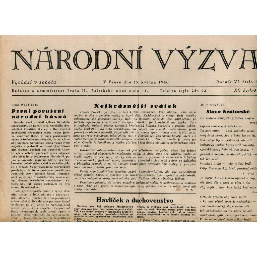 Národní výzva 18.5.1940 (protektorát, noviny)