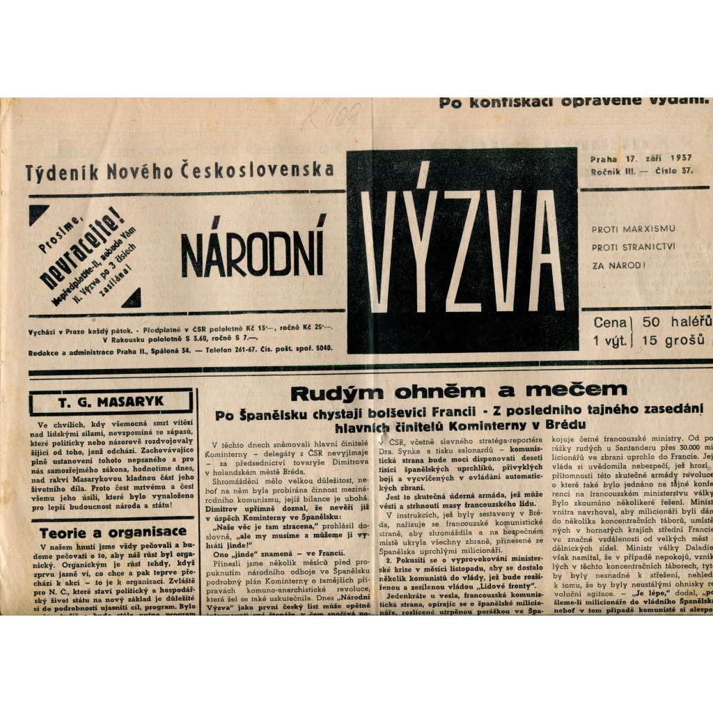 Národní výzva 17.9.1937 (1. republika, noviny)