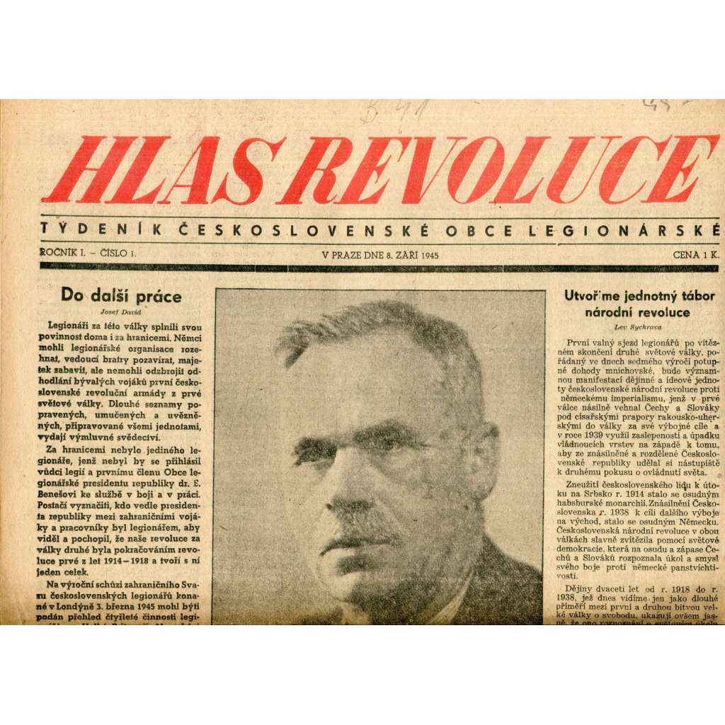 Hlas revoluce 8.9.1945. Týdeník Československé obce legionářské (noviny, legie)