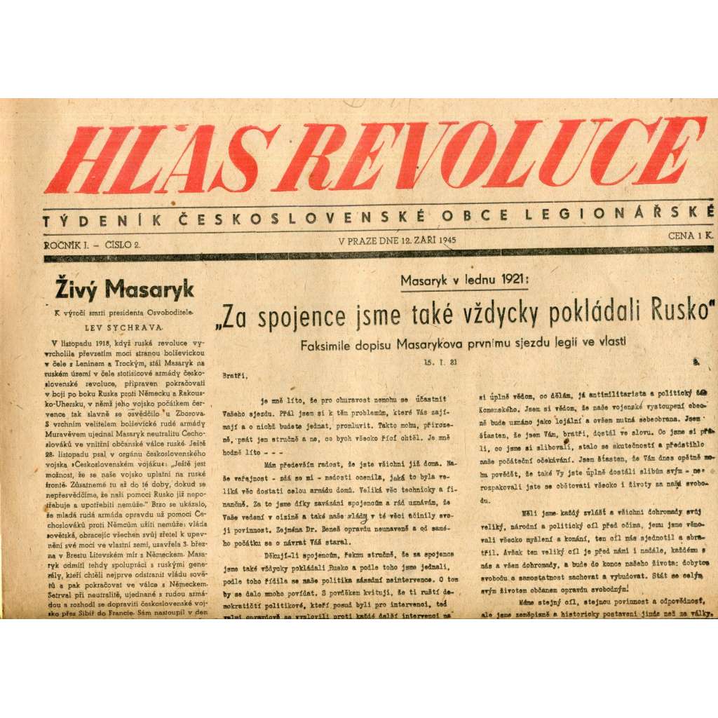 Hlas revoluce 12.9.1945. Týdeník Československé obce legionářské (noviny, legie)