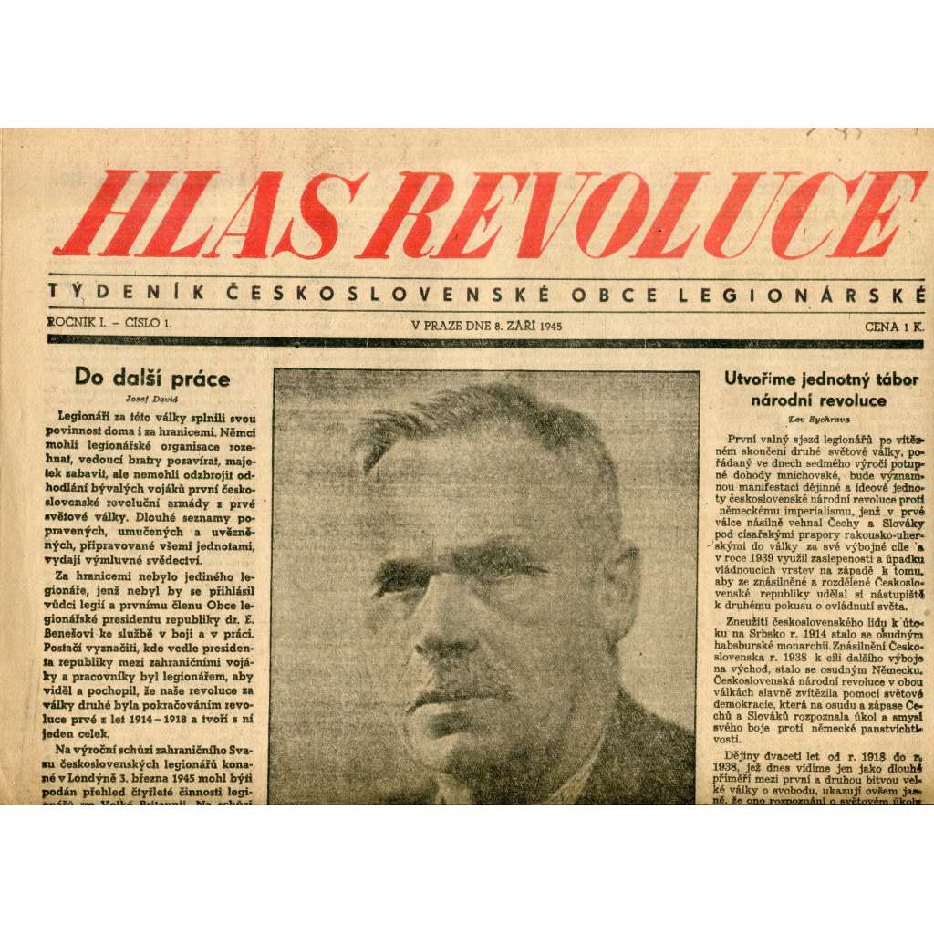 Hlas revoluce 8.9.1945. Týdeník Československé obce legionářské (noviny, legie)