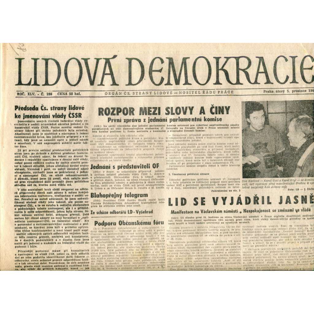 Lidová demokracie (5.12.1989) - staré noviny