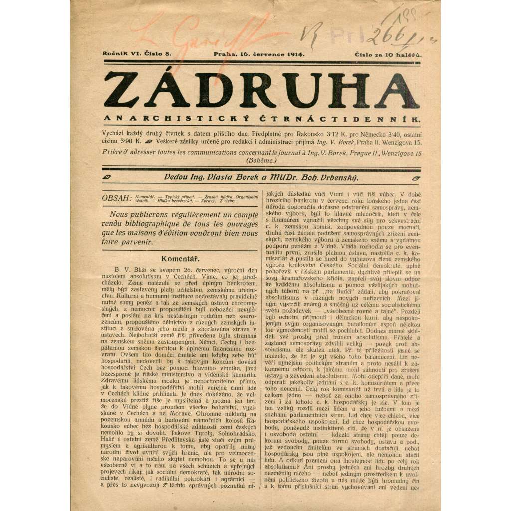 Zádruha (16.7.1914) Anarchistický čtrnáctidenník (časopis, noviny)