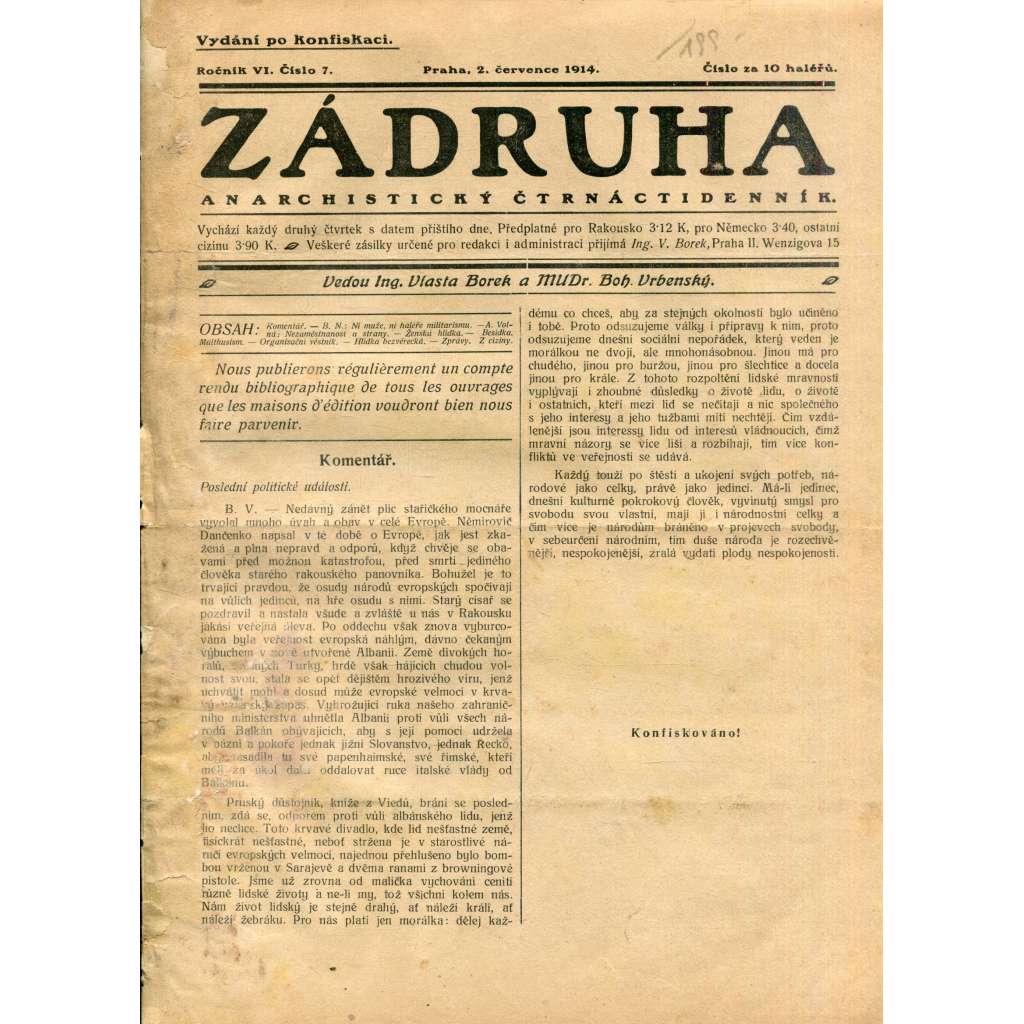 Zádruha (2.7.1914) Anarchistický čtrnáctidenník (časopis, noviny)