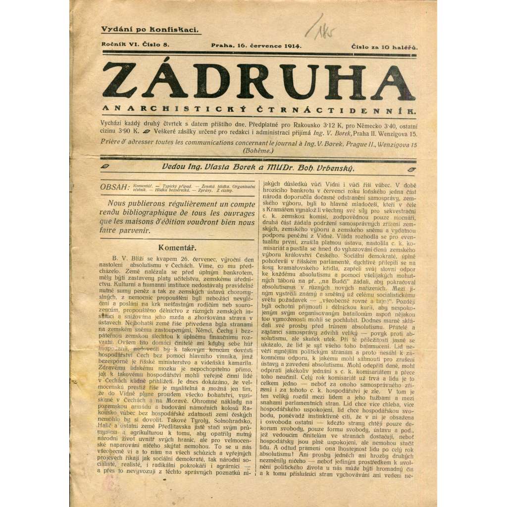 Zádruha (16.7.1914) Anarchistický čtrnáctidenník (časopis, noviny)