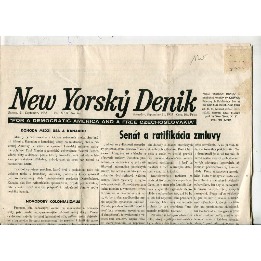 New Yorský Deník (21.9.1963) - text slovensky, noviny