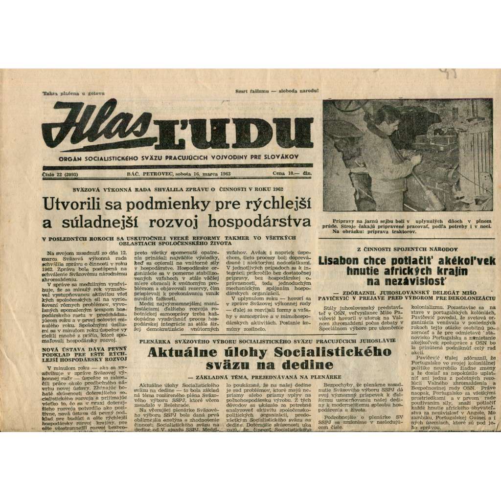 Hlas ľudu (6.3.1963) - text slovensky, staré noviny, Jugoslávie