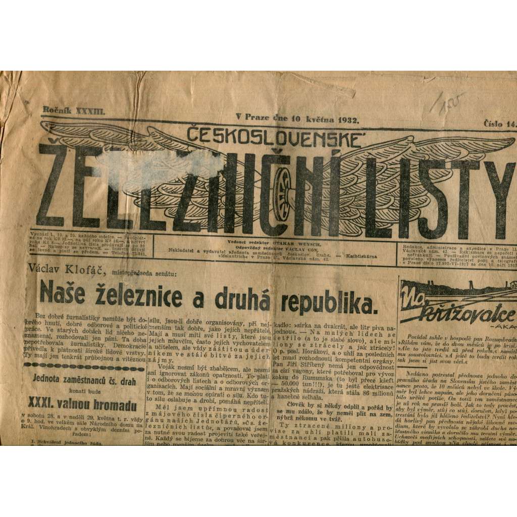 Československé železniční listy, ročník XXXIII., číslo 14. (10.5.1932) [železnice, lokomotiva, doprava] - pošk. (staré noviny, 1. republika)
