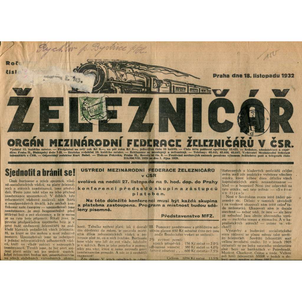 Železničář 15.11.1932 [železnice, lokomotiva, doprava] - staré noviny, 1. republika