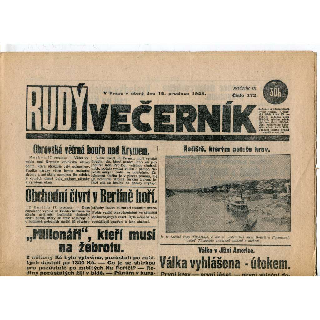 Rudý večerník (18.12.1928) - staré noviny, 1. republika