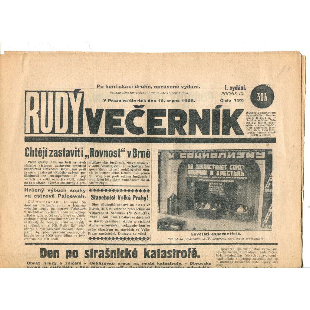 Rudý večerník (16.8.1928) - staré noviny, 1. republika