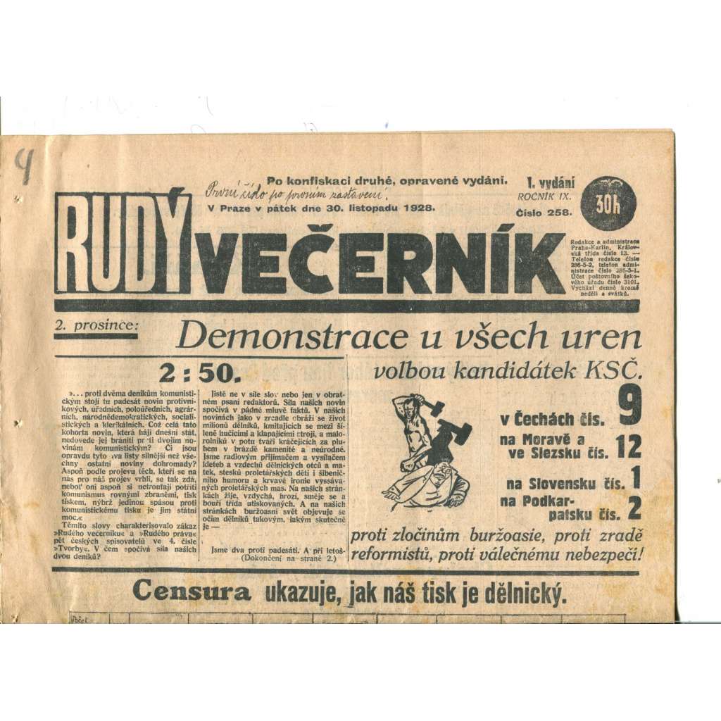 Rudý večerník (30.11.1928) - staré noviny, 1. republika