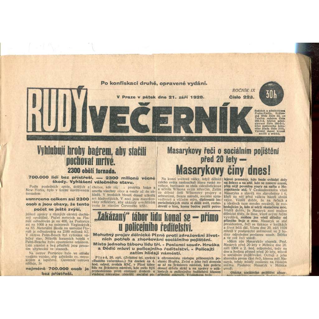 Rudý večerník (21.9.1928) - staré noviny, 1. republika