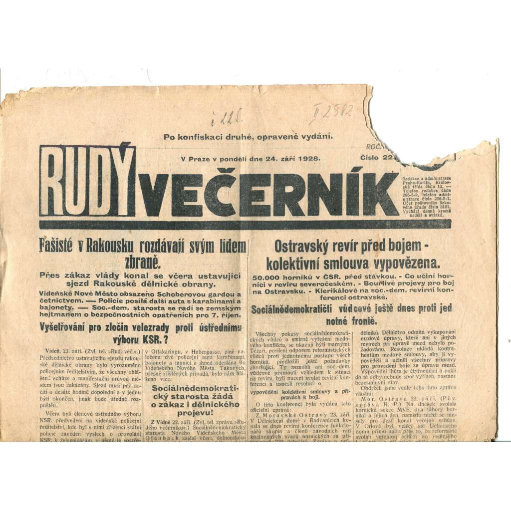 Rudý večerník (24.9.1928) - staré noviny, 1. republika (pošk.)