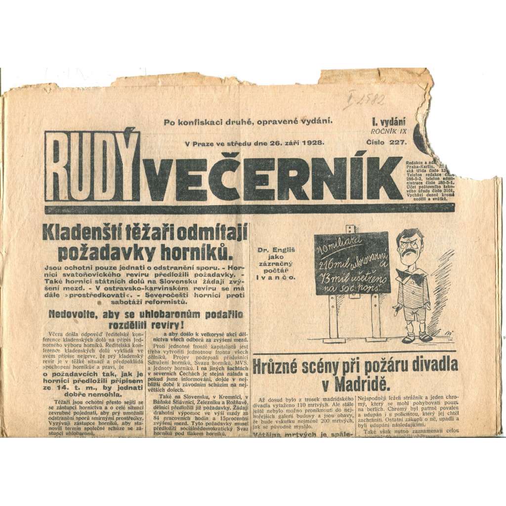 Rudý večerník (26.9.1928) - staré noviny, 1. republika (pošk.)