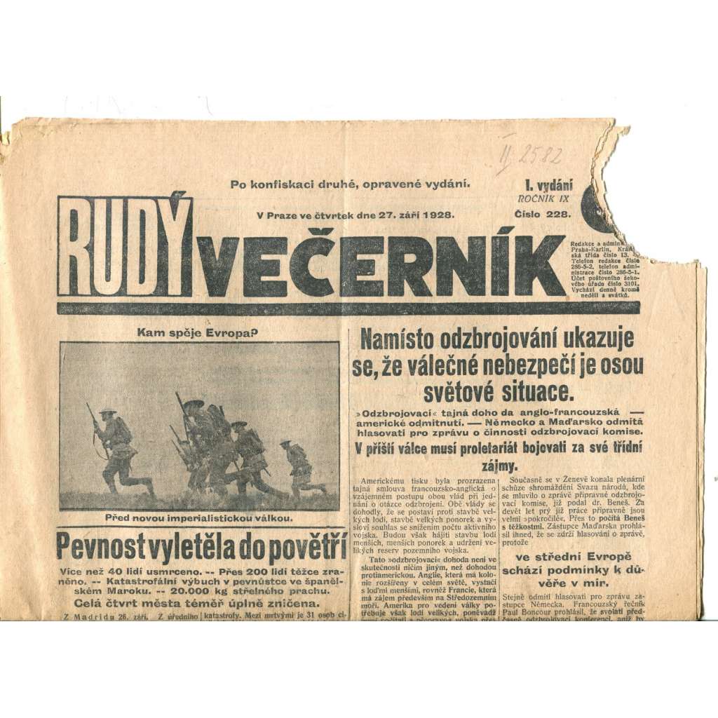 Rudý večerník (27.9.1928) - staré noviny, 1. republika (pošk.)
