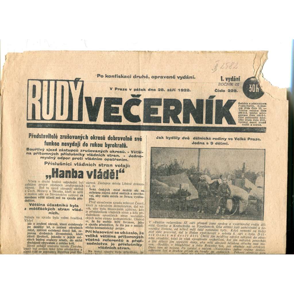 Rudý večerník (28.9.1928) - staré noviny, 1. republika (pošk.)
