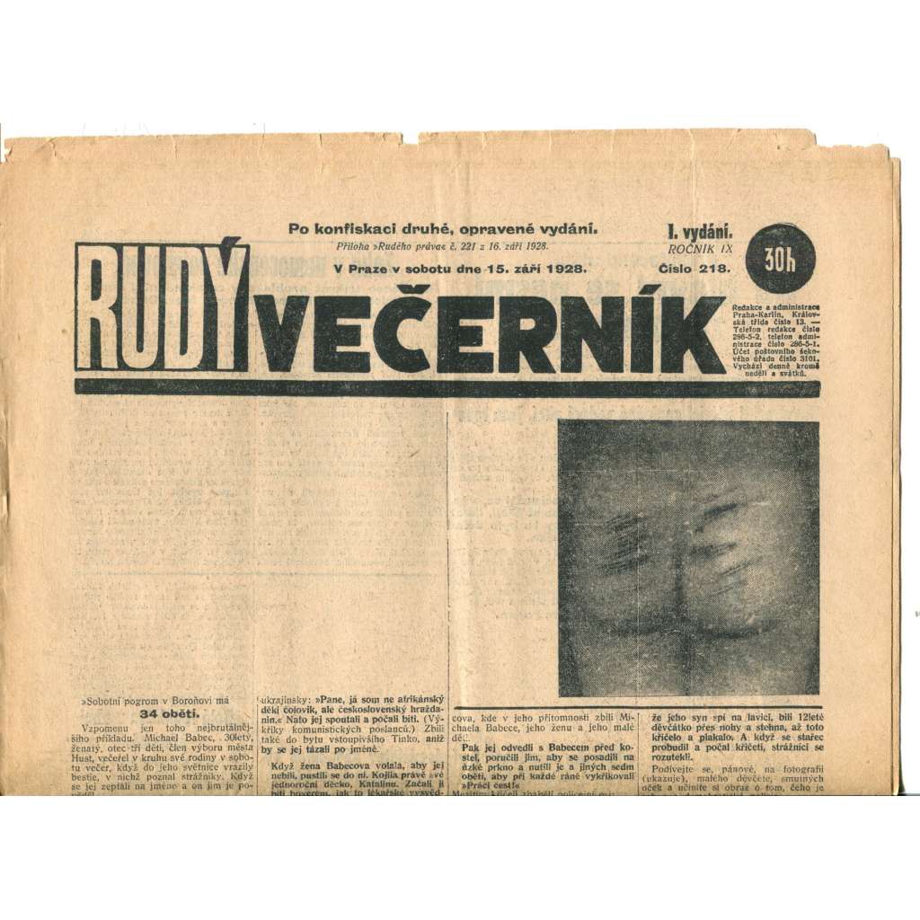 Rudý večerník (15.9.1928) - staré noviny, 1. republika