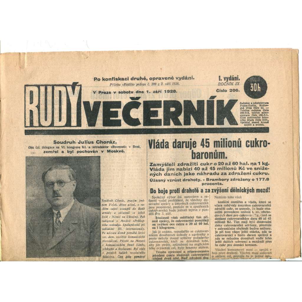 Rudý večerník (1.9.1928) - staré noviny, 1. republika