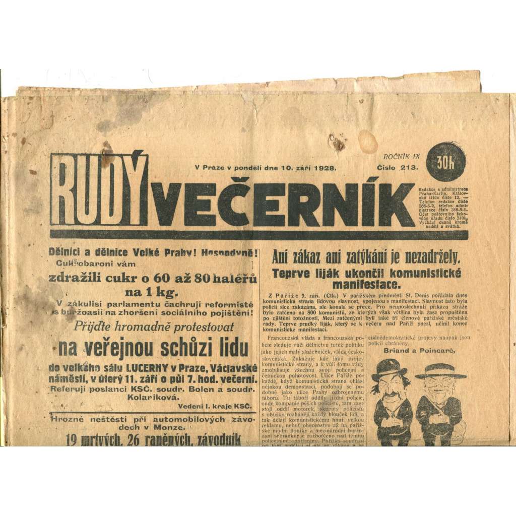 Rudý večerník (10.9.1928) - staré noviny, 1. republika