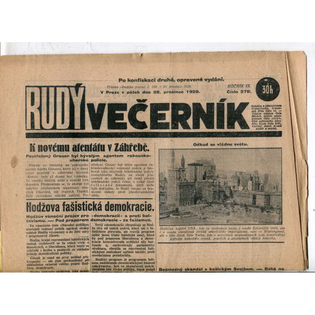 Rudý večerník (28.12.1928) - staré noviny, 1. republika