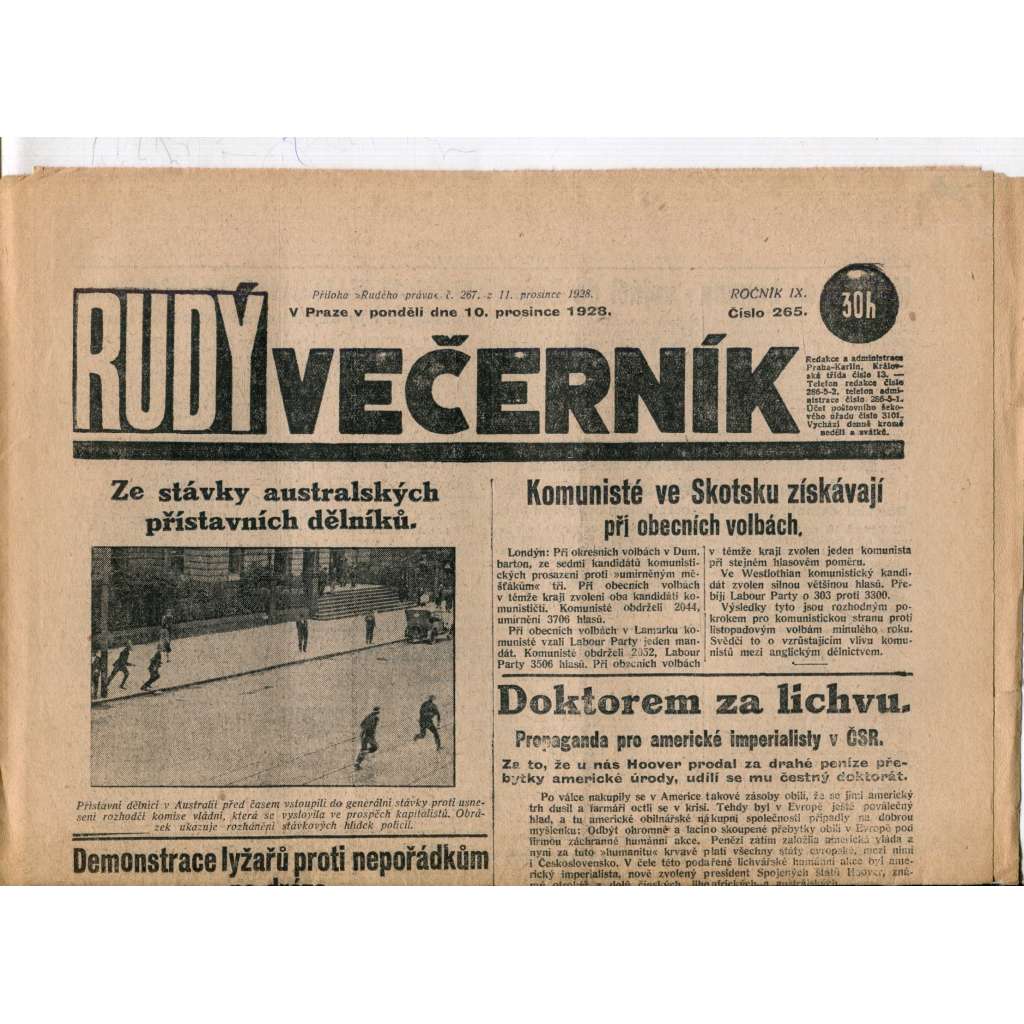 Rudý večerník (10.12.1928) - staré noviny, 1. republika