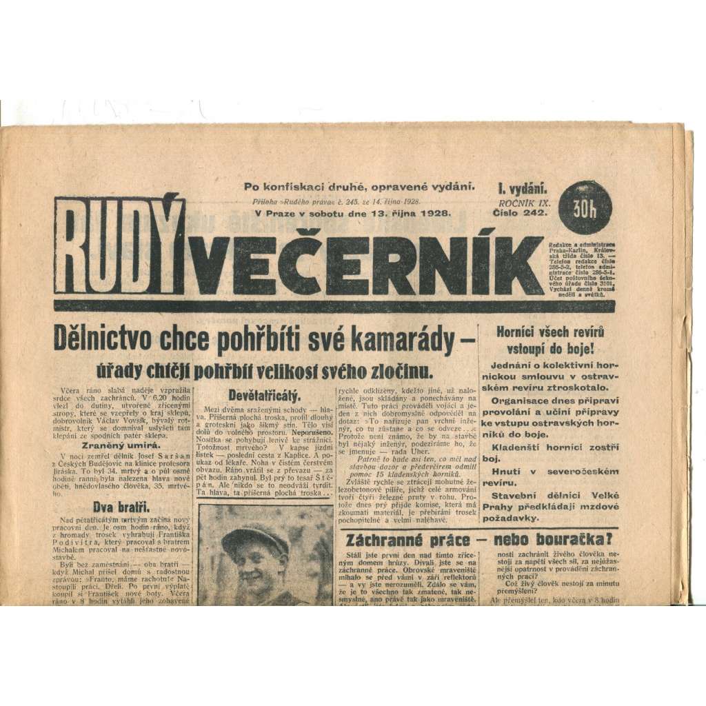 Rudý večerník (13.10.1928) - staré noviny, 1. republika Rudý večerník (13.10.1928) - staré noviny, 1. republika