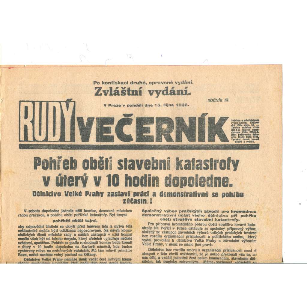 Rudý večerník - zvláštní vydání (15.10.1928) - staré noviny, 1. republika Rudý večerník - zvláštní vydání (15.10.1928) - staré noviny, 1. republika