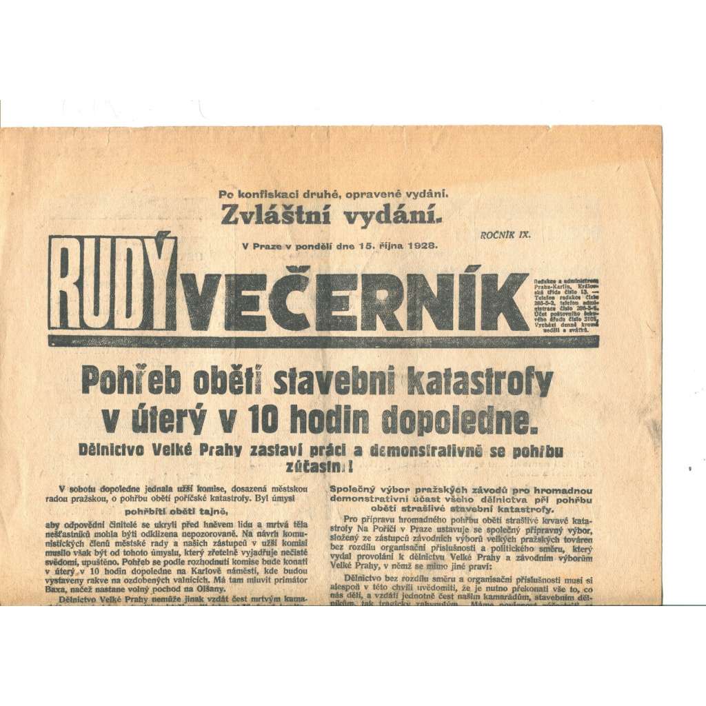 Rudý večerník - zvláštní vydání (15.10.1928) - staré noviny, 1. republika Rudý večerník - zvláštní vydání (15.10.1928) - staré noviny, 1. republika