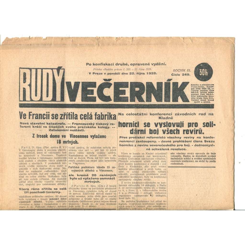 Rudý večerník (22.10.1928) - staré noviny, 1. republika Rudý večerník (22.10.1928) - staré noviny, 1. republika