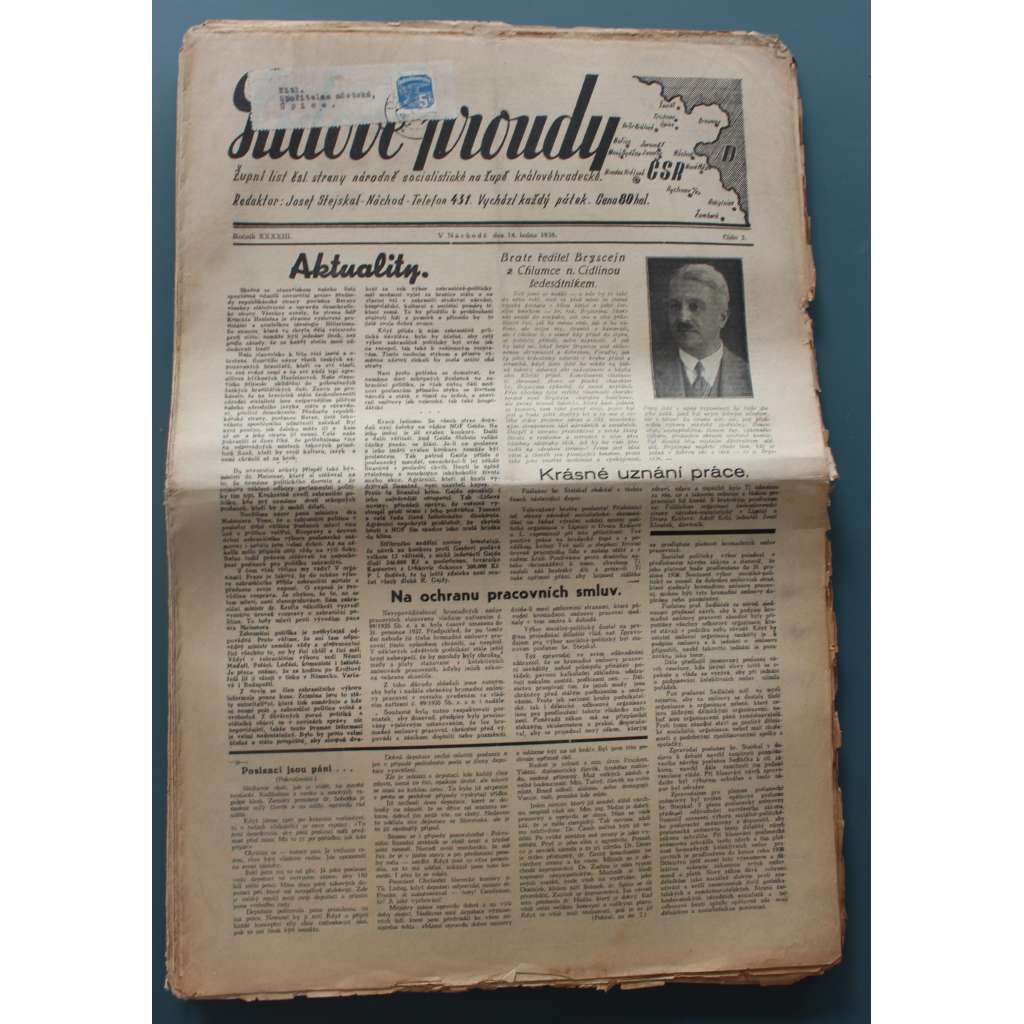 Lidové proudy 1938, roč. XXXXIII (noviny, politika ČSNS, Hradec Králové, mj. Ministři a poslanci Nár. Soc [Klofáč, Tučný, Zemínová, Franke], Naše školství v Trutnově,Nedáme se!, Náchod 38 výstava, Tváří v tvář, Úprava hranic [Mnichovská krize])