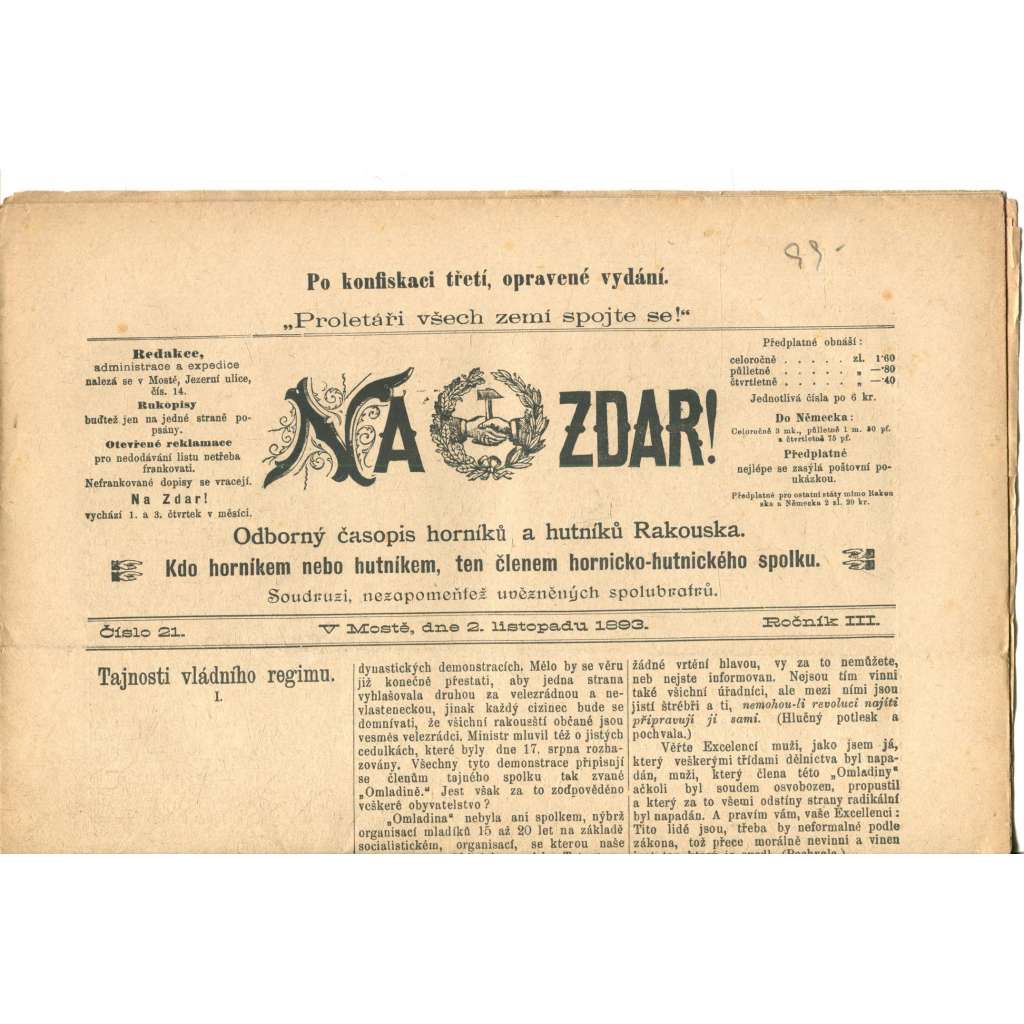NA ZDAR! Odborný časopis horníků a hutníků Rakouska. Ročník III., číslo 21. (2.11.1893) [časopis, hornictví, noviny]