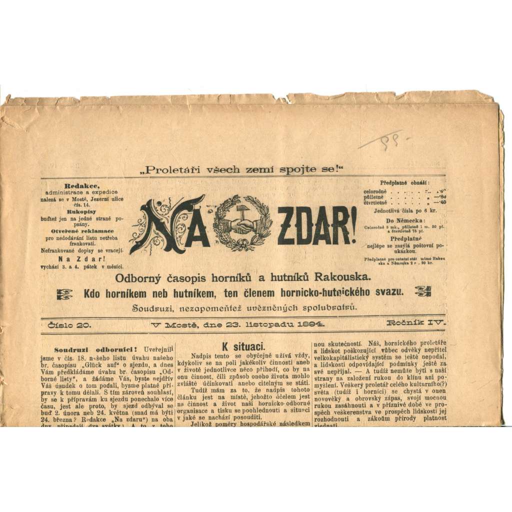 NA ZDAR! Odborný časopis horníků a hutníků Rakouska. Ročník IV., číslo 20. (23.11.1894) [časopis, hornictví, noviny]