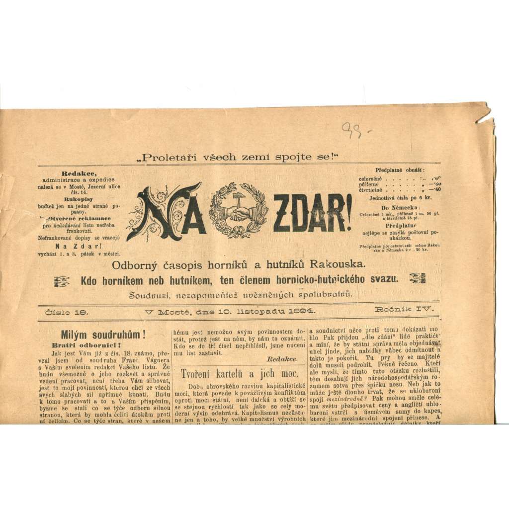 NA ZDAR! Odborný časopis horníků a hutníků Rakouska. Ročník IV., číslo 19. (10.11.1894) [časopis, hornictví, noviny]