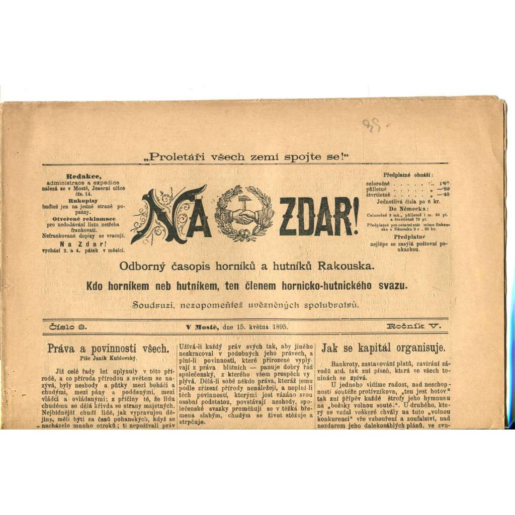 NA ZDAR! Odborný časopis horníků a hutníků Rakouska. Ročník V., číslo 8. (15.5.1895) [časopis, hornictví, noviny]