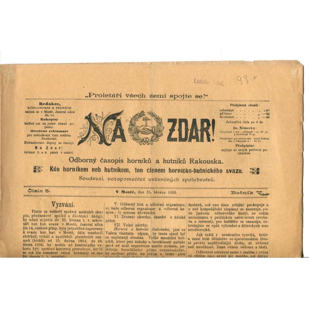 NA ZDAR! Odborný časopis horníků a hutníků Rakouska. Ročník V., číslo 5. (15.3.1895) [časopis, hornictví, noviny]