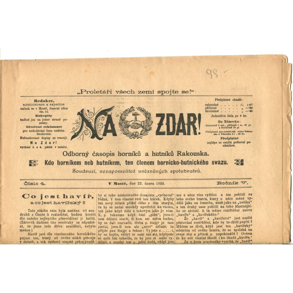 NA ZDAR! Odborný časopis horníků a hutníků Rakouska. Ročník V., číslo 4. (22.2.1895) [časopis, hornictví, noviny]