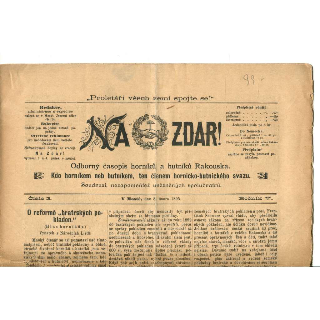 NA ZDAR! Odborný časopis horníků a hutníků Rakouska. Ročník V., číslo 3. (8.2.1895) [časopis, hornictví, noviny]