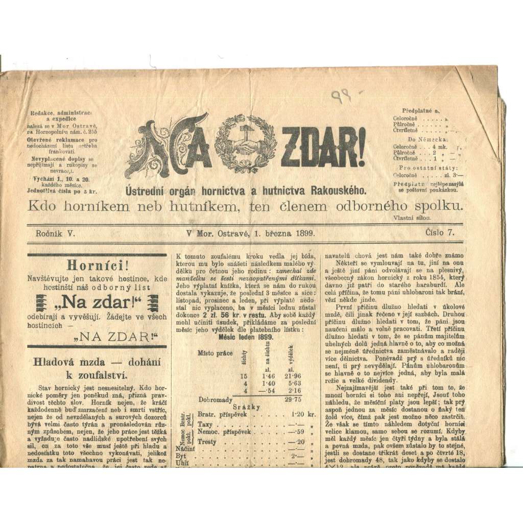 NA ZDAR! Ústřední orgán hornictva a hutnictva Rakouského. Ročník V., číslo 7. (1.3.1899) [časopis, hornictví, noviny]