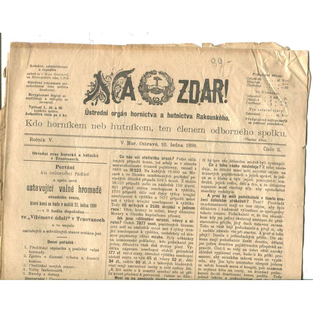 NA ZDAR! Ústřední orgán hornictva a hutnictva Rakouského. Ročník V., číslo 2. (10.1.1899) [časopis, hornictví, noviny]