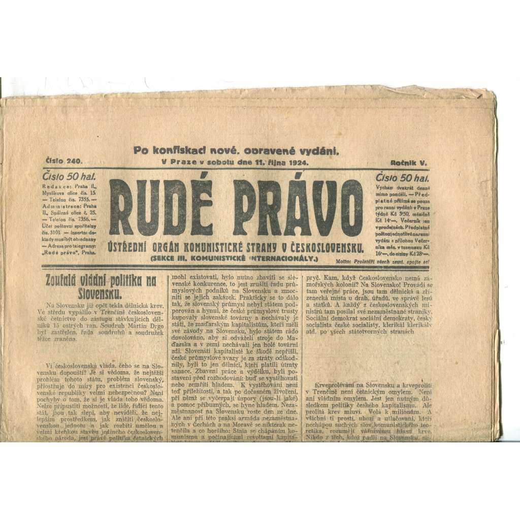 Rudé právo (11.10.1924) - 1. republika, staré noviny Rudé právo (11.10.1924) - 1. republika, staré noviny