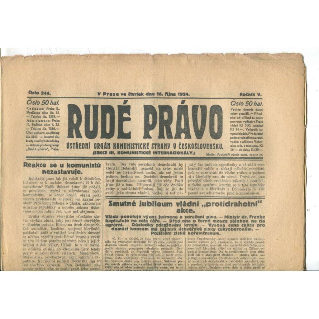 Rudé právo (16.10.1924) - 1. republika, staré noviny Rudé právo (16.10.1924) - 1. republika, staré noviny