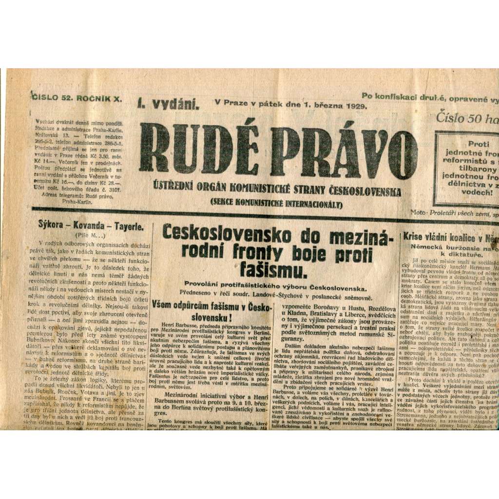 Rudé právo (1.3.1929) - 1. republika, staré noviny Rudé právo (1.3.1929) - 1. republika, staré noviny