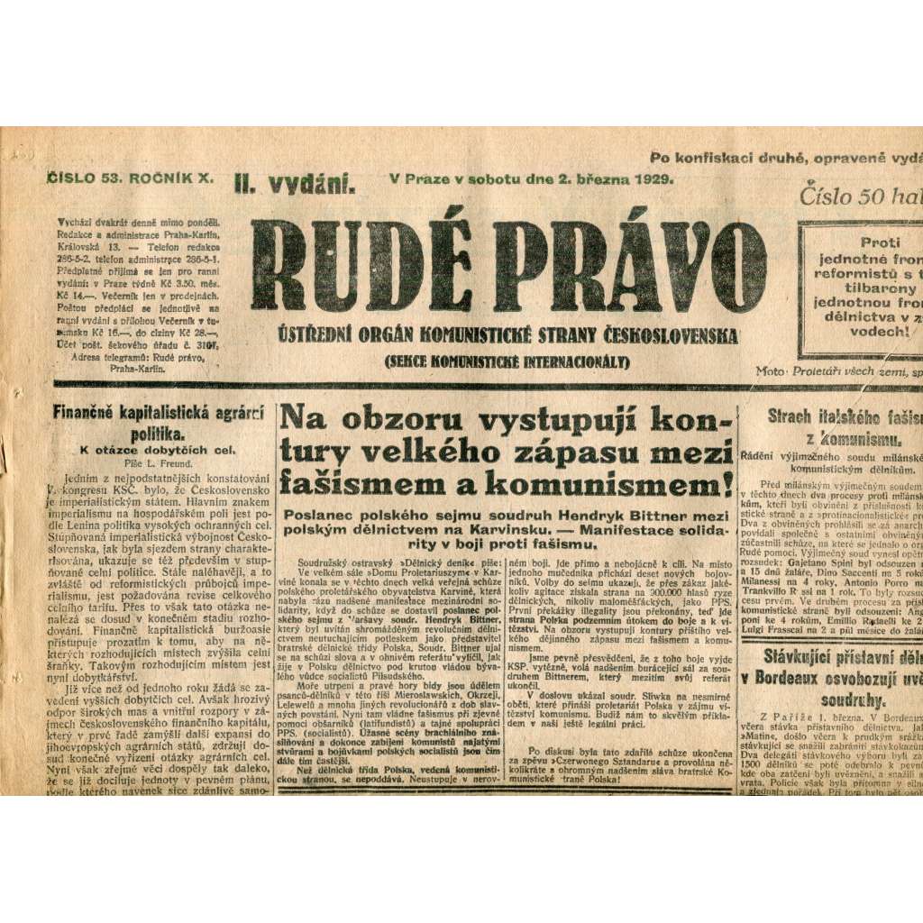 Rudé právo (2.3.1929) - 1. republika, staré noviny Rudé právo (2.3.1929) - 1. republika, staré noviny