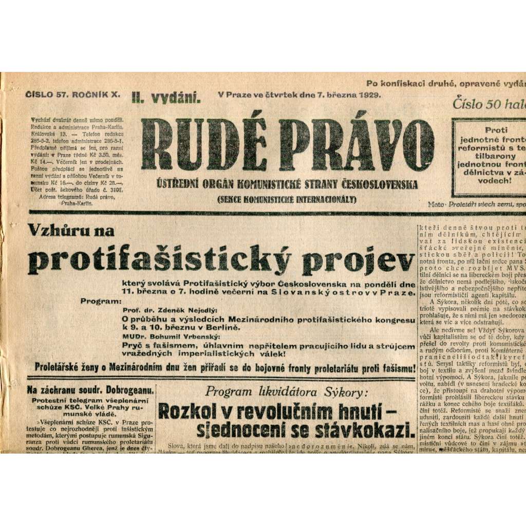 Rudé právo (7.3.1929) - 1. republika, staré noviny Rudé právo (7.3.1929) - 1. republika, staré noviny