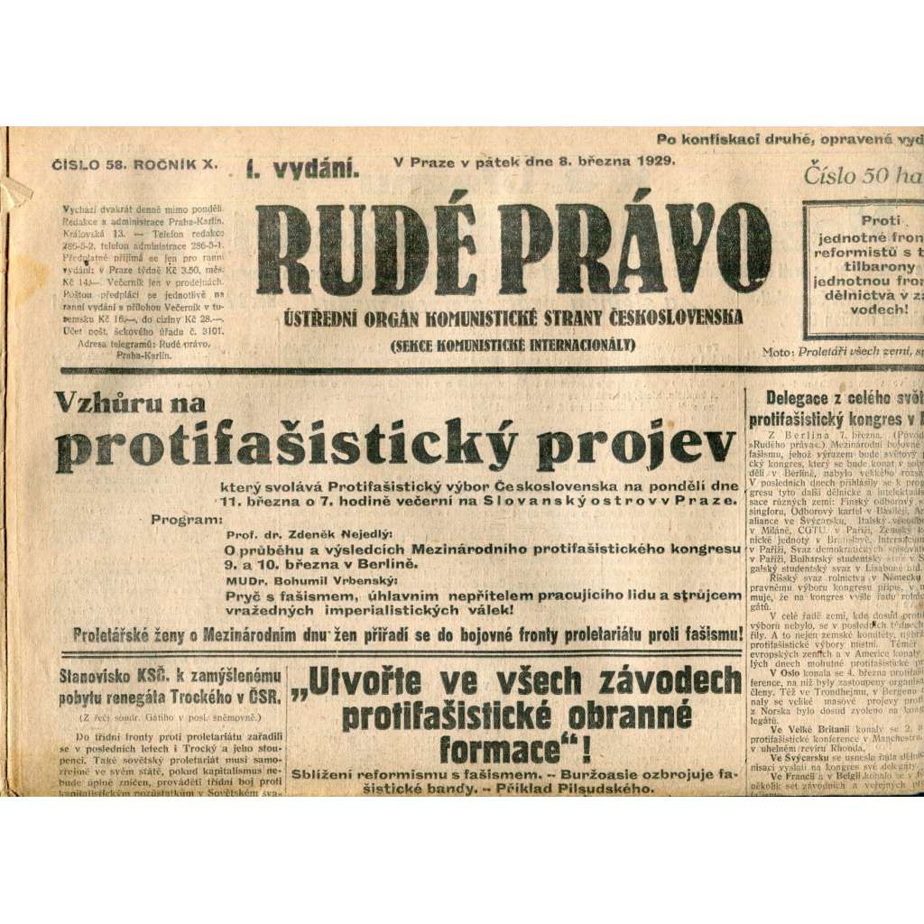 Rudé právo (8.3.1929) - 1. republika, staré noviny Rudé právo (8.3.1929) - 1. republika, staré noviny