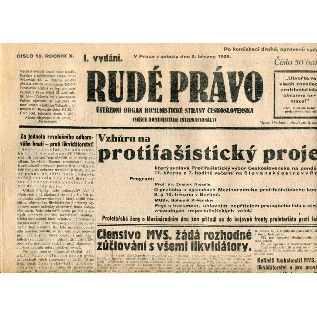 Rudé právo (9.3.1929) - 1. republika, staré noviny Rudé právo (9.3.1929) - 1. republika, staré noviny