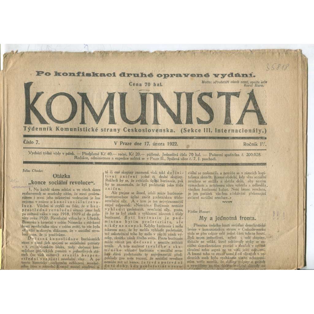 Komunista (17.2.1922) - staré noviny, 1. republika Komunista (17.2.1922) - staré noviny, 1. republika