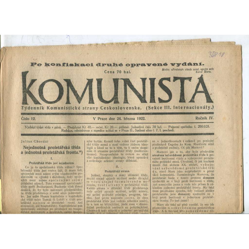 Komunista (24.3.1922) - staré noviny, 1. republika